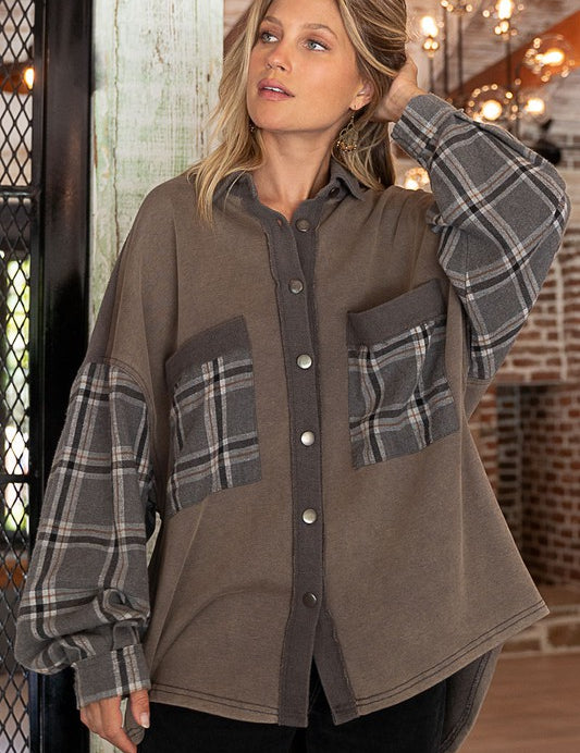 Long Sleeve With Plaid Detail Sleeve Shacket