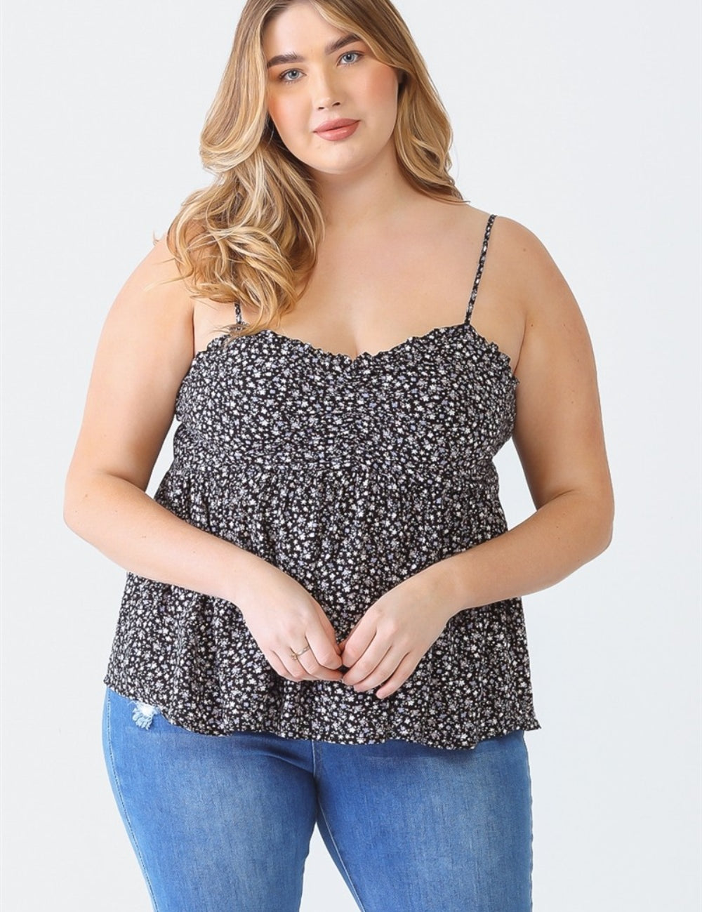 Zenobia Plus Size Frill Smocked Floral Sweetheart Neck Cami