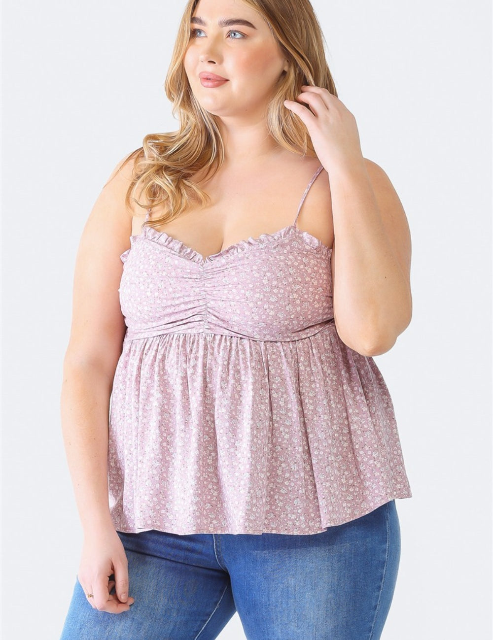 Zenobia Plus Size Frill Smocked Floral Sweetheart Neck Cami