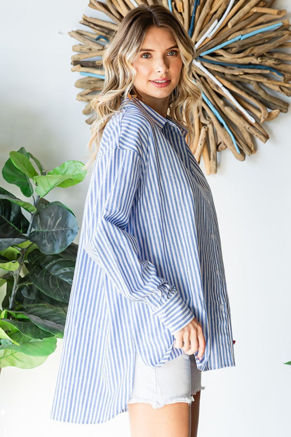 First Love Striped Button Down High-Low Hem Shirt