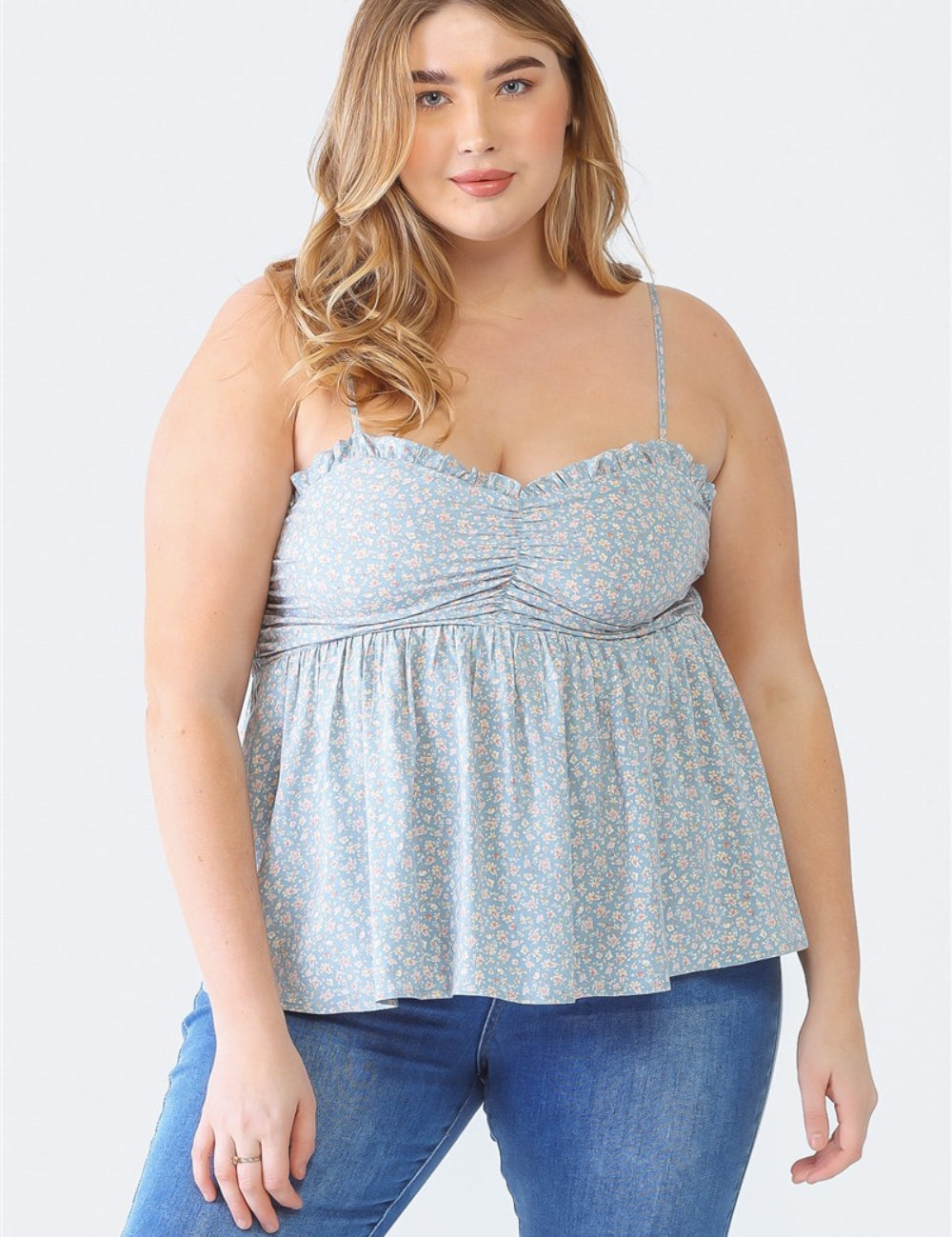 Zenobia Plus Size Frill Smocked Floral Sweetheart Neck Cami